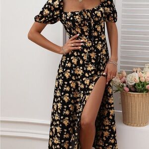 Floral Puff-Sleeve Midi Dress in Black and Mustard